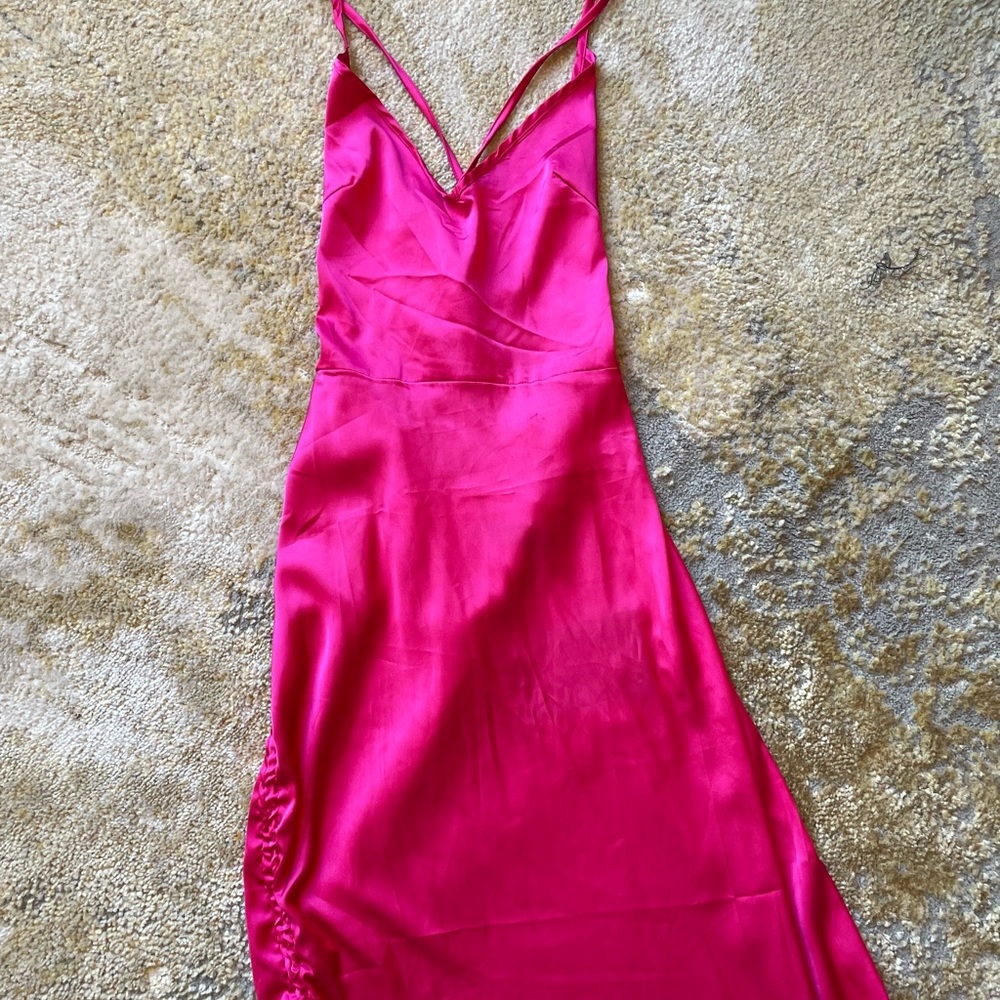 Hot pink, satin, ruched, lace up back ,midi dress